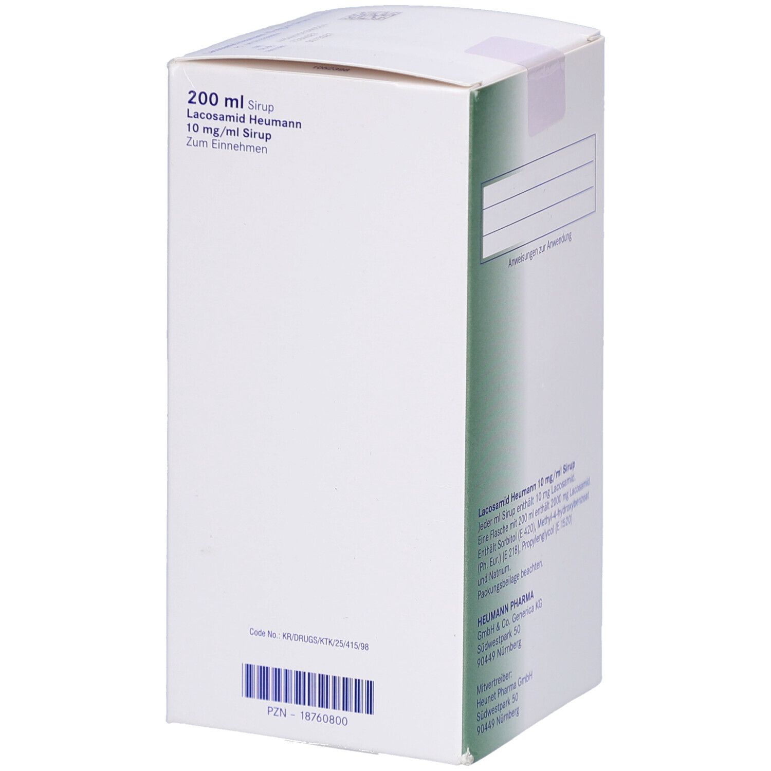 Weiße Faltschachtel mit grünen Akzenten. Rückseite mit Text und leerem Feld. Enthält Barcode und PZN-Nummer.