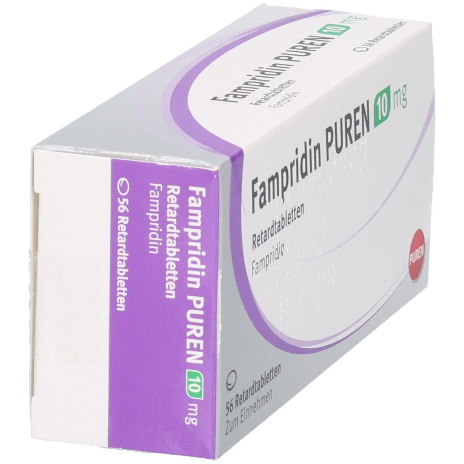 FAMPRIDIN PUREN 10 mg Retardtabletten Schachtel, 56 Stück, Seitenansicht.
