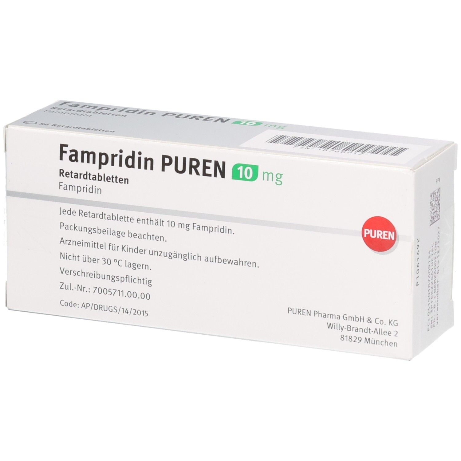 FAMPRIDIN PUREN 10 mg Retardtabletten Schachtel mit detaillierten Informationen.
