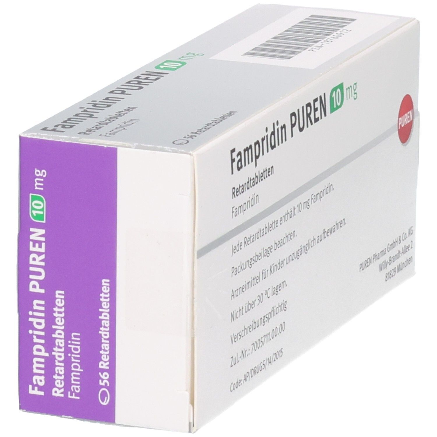 FAMPRIDIN PUREN 10 mg Retardtabletten Schachtel, 56 Stück, schräge Ansicht.