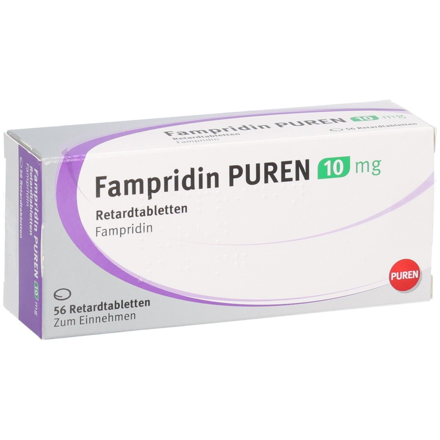 FAMPRIDIN PUREN 10 mg Retardtabletten Schachtel, 56 Stück, Vorderseite.