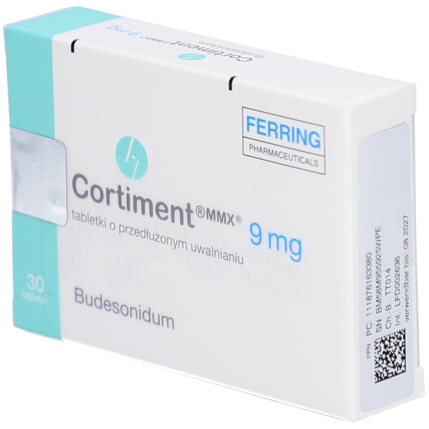 Schachtel mit CORTIMENT MMX 9 mg Retardtabletten. Aufdruck: 30 Tabletten, Budesonidum, Ferring Pharmaceuticals.