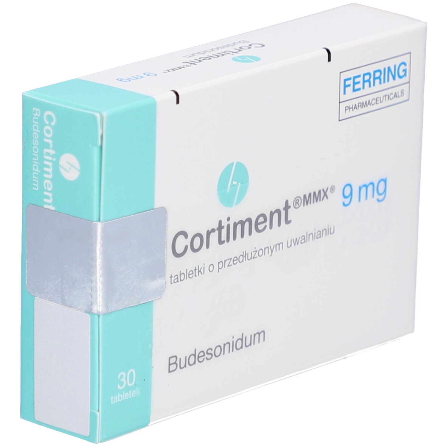 Schachtel mit CORTIMENT MMX 9 mg Retardtabletten. Aufdruck: 30 Tabletten, Budesonidum, Ferring Pharmaceuticals.