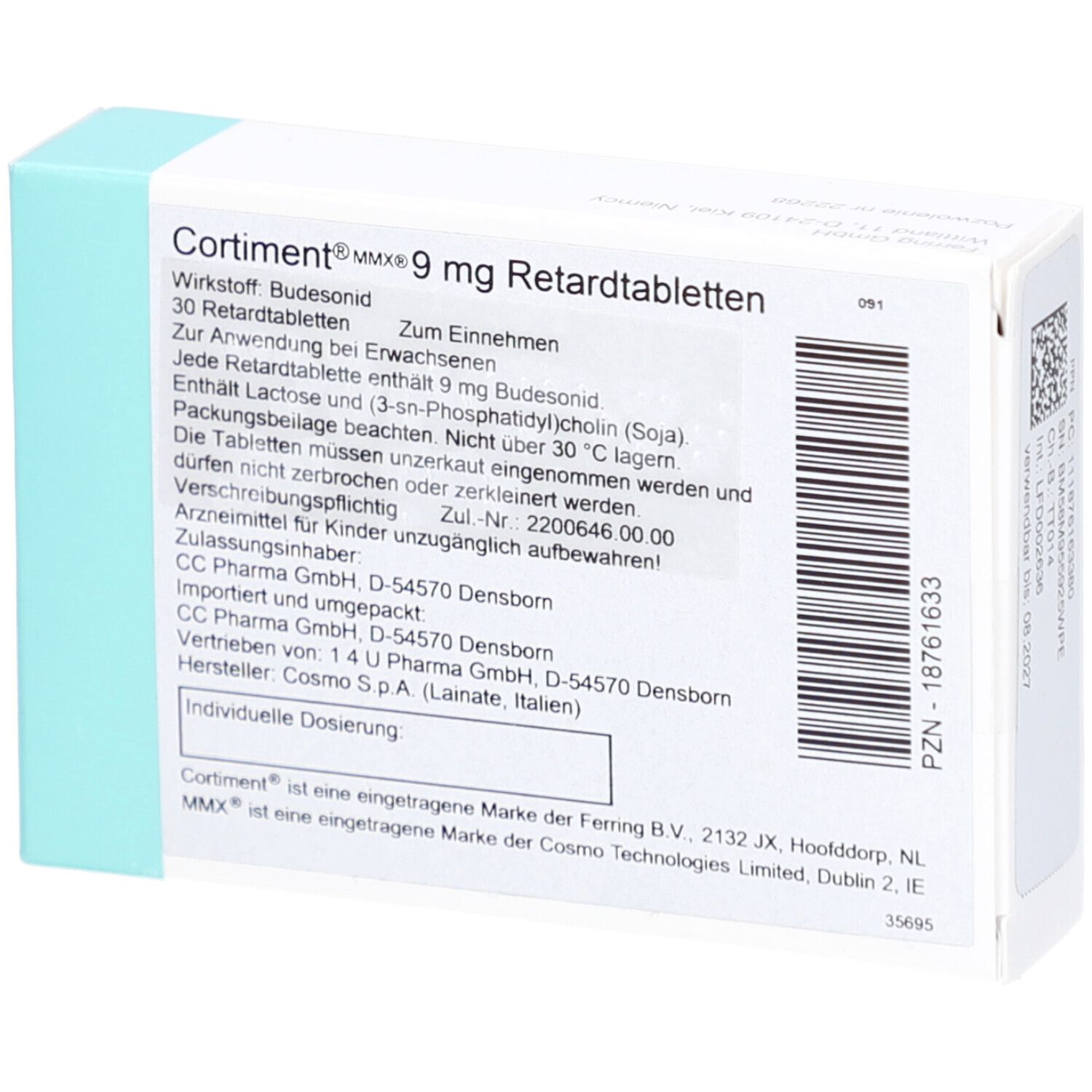 Rückseite der Schachtel mit CORTIMENT MMX 9 mg Retardtabletten. Text: Wirkstoff Budesonid, 30 Retardtabletten, Ferring.