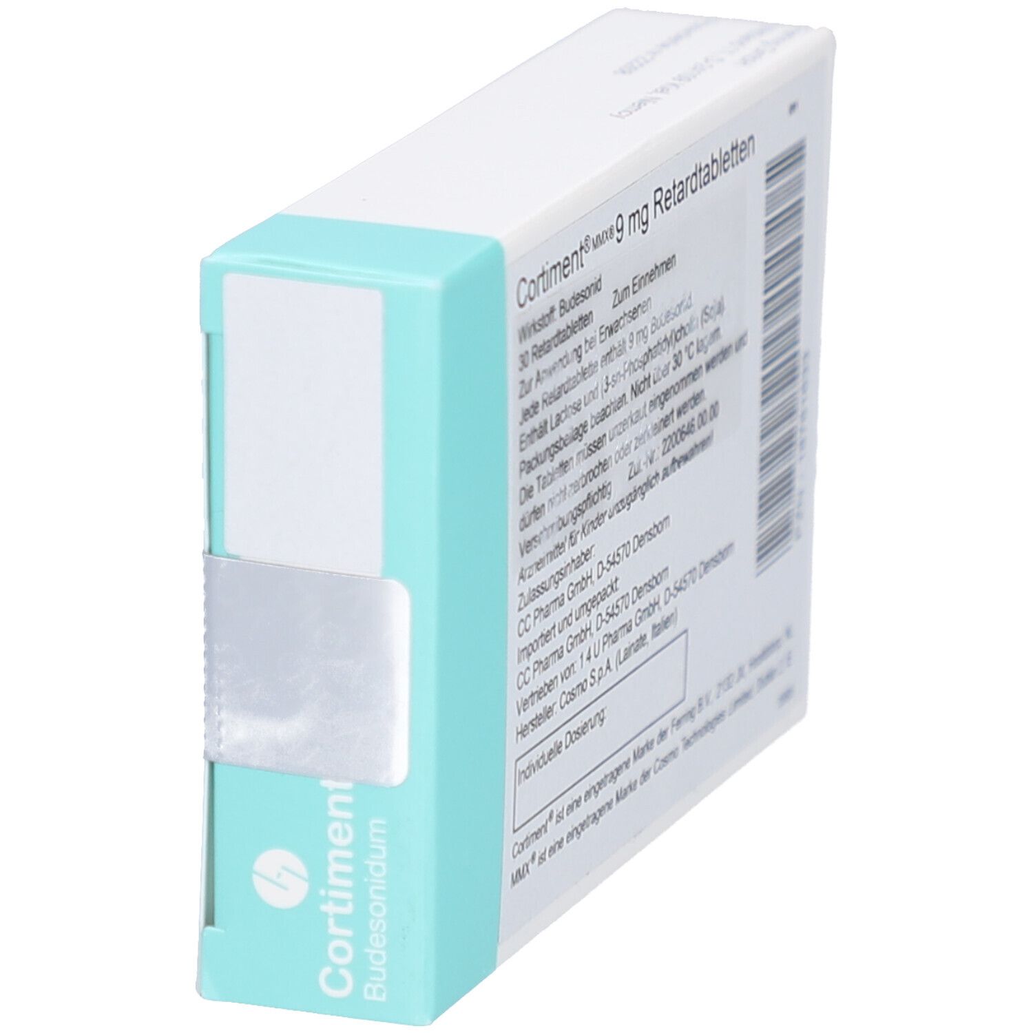 Schachtel mit CORTIMENT MMX 9 mg Retardtabletten. Aufdruck: Budesonidum, Ferring. Verschluss mit Klebestreifen.