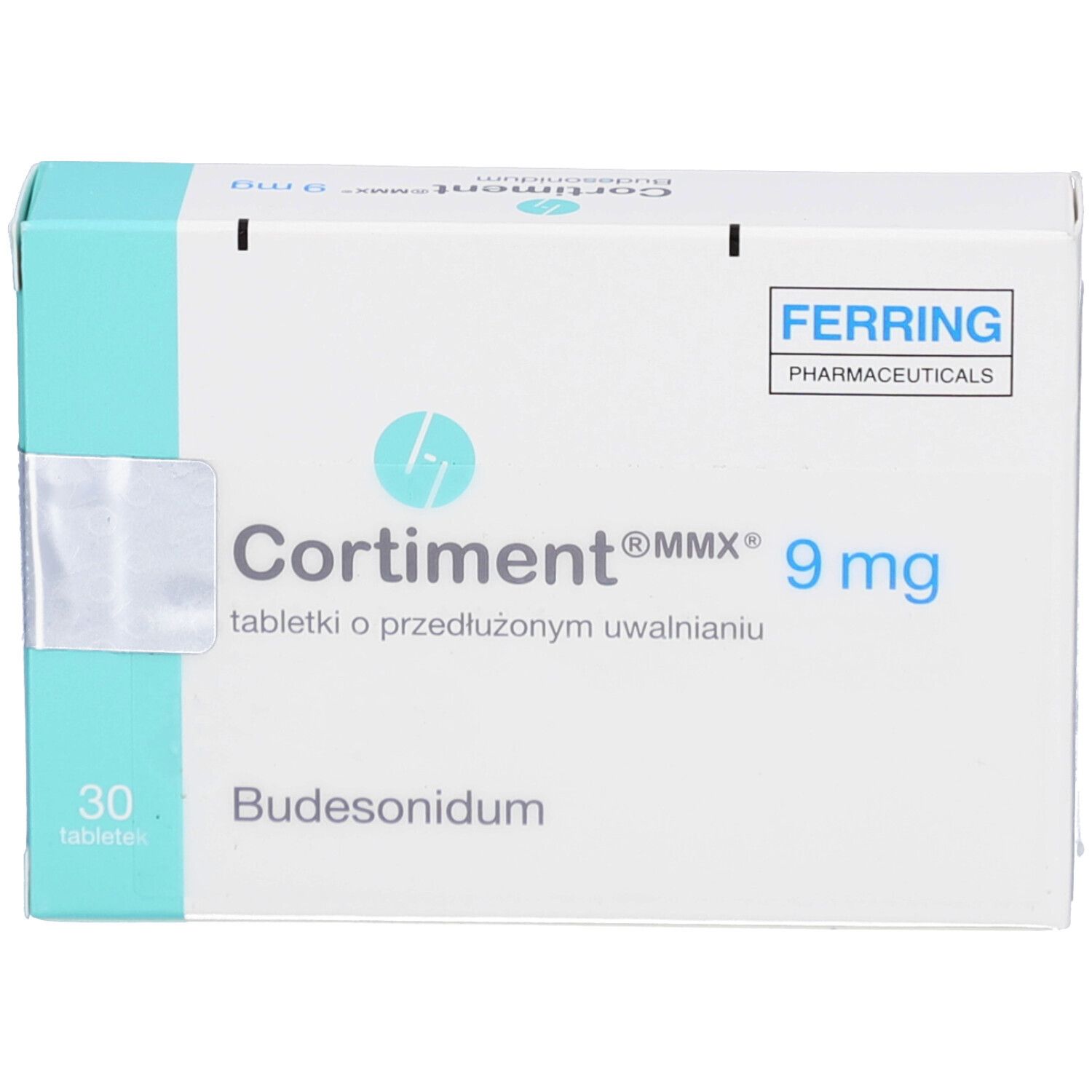 Schachtel mit CORTIMENT MMX 9 mg Retardtabletten. Aufdruck: 30 Tabletten, Budesonidum, Ferring Pharmaceuticals.