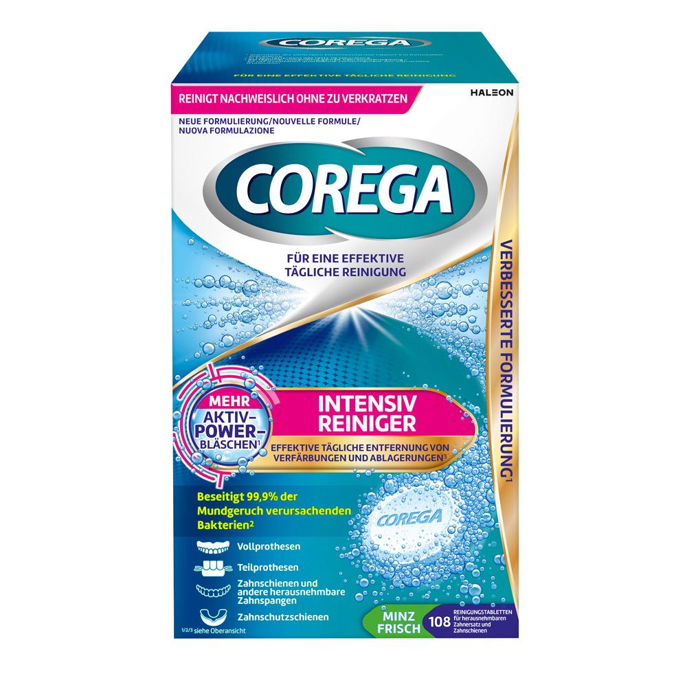 Produktverpackung von Corega Intensiv Reiniger. Blaue und weiße Schachtel mit Produktnamen und Produktinformationen. 108 Tabs.
