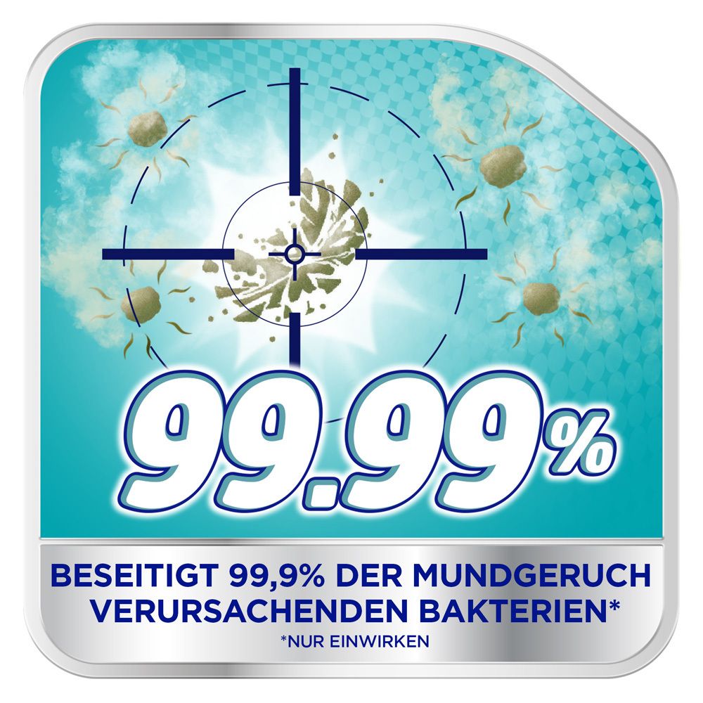 Grafische Darstellung: Bakterien werden zerstört. Zielscheibe mit 99,99%. Text: Beseitigt 99,99% der Mundgeruch verursachenden Bakterien.