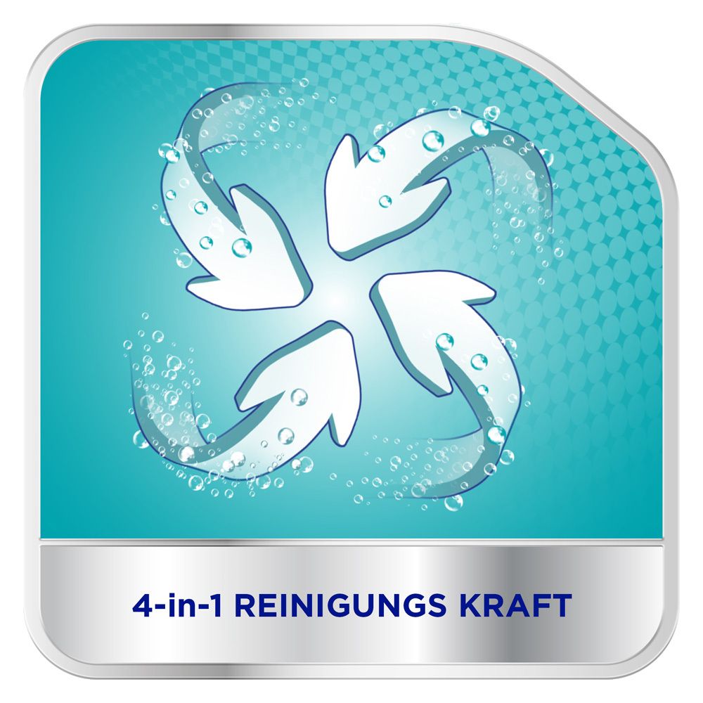 Grafische Darstellung: 4 Pfeile in einem Kreis. Text: 4-in-1 Reinigungskraft.