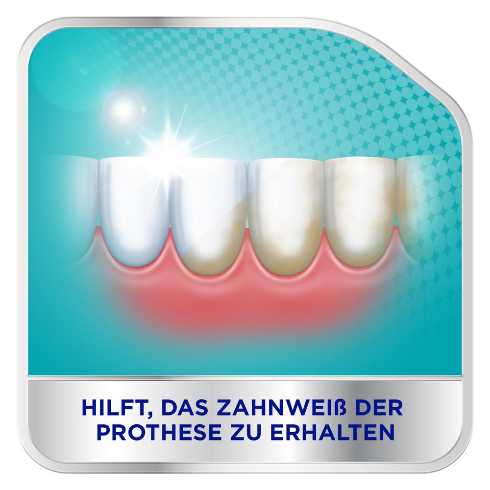 Grafische Darstellung: Zahnprothese wird gereinigt. Text: Hilft, das Zahnweiß der Prothese zu erhalten.