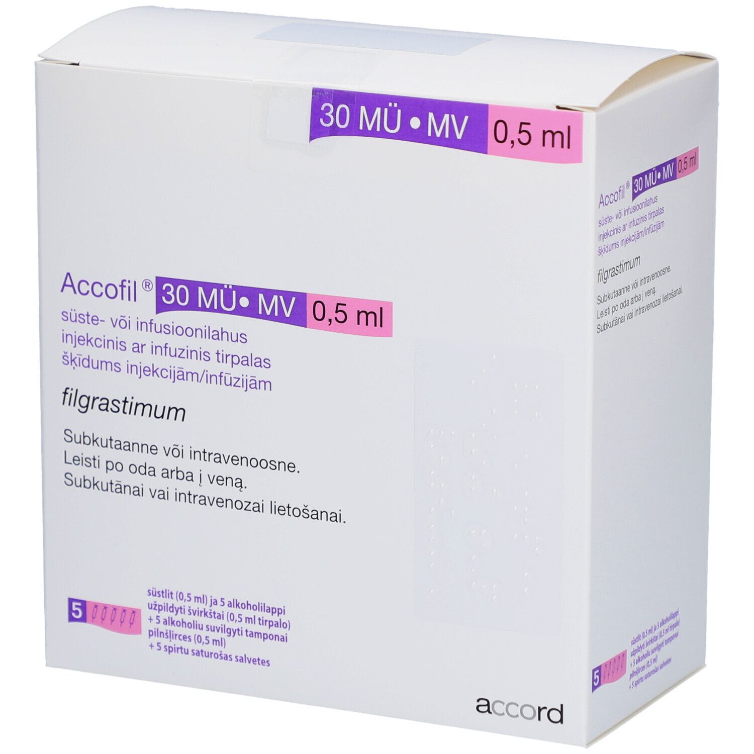 Schachtel mit ACCOFIL Accord 30 Mio.E./0,5 ml Injektionslösung. Enthält 5 Fertigspritzen und Zubehör.
