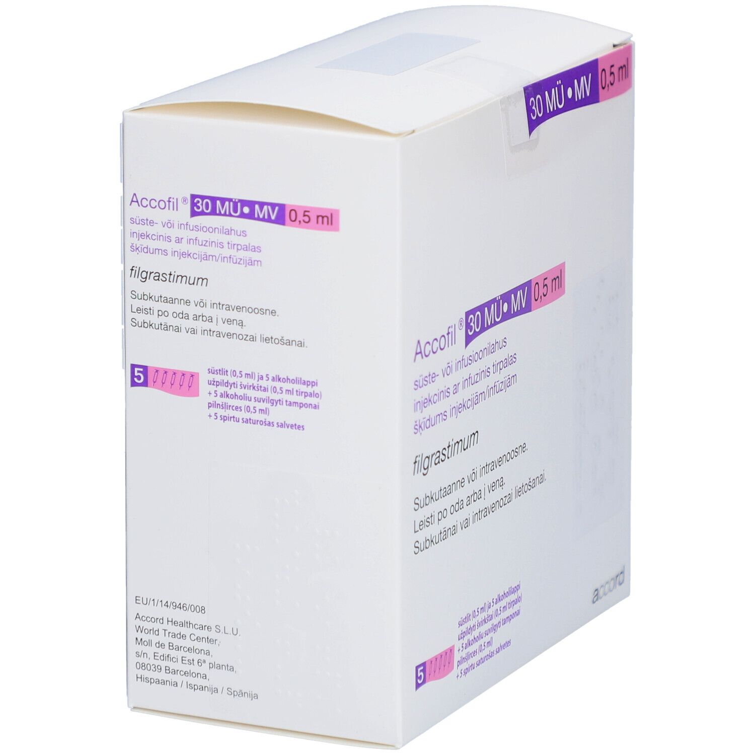 Verpackung von ACCOFIL Accord 30 Mio.E./0,5 ml. Enthält 5 Fertigspritzen. Text in mehreren Sprachen.