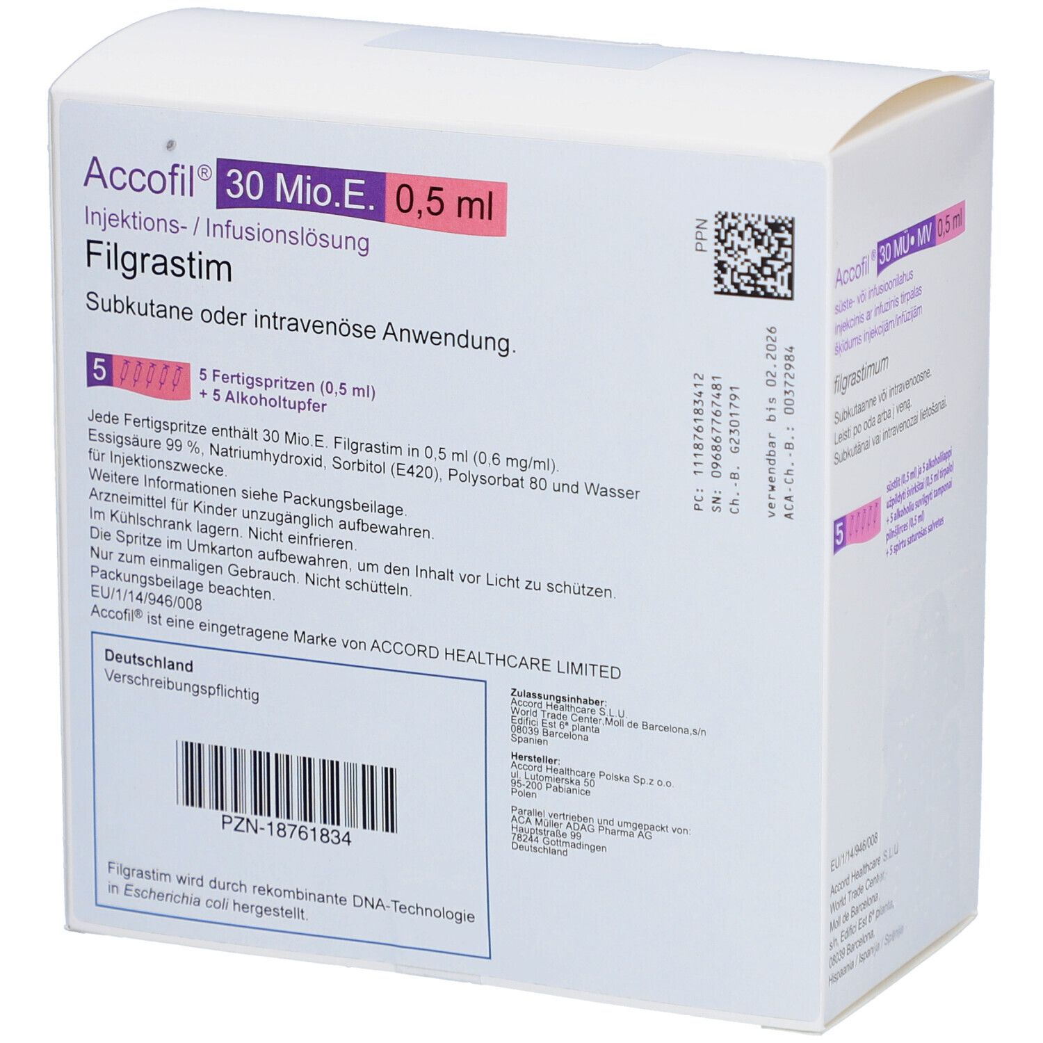 Schachtel ACCOFIL Accord 30 Mio.E./0,5 ml Injektionslösung. Rückseite mit Text und Barcode.