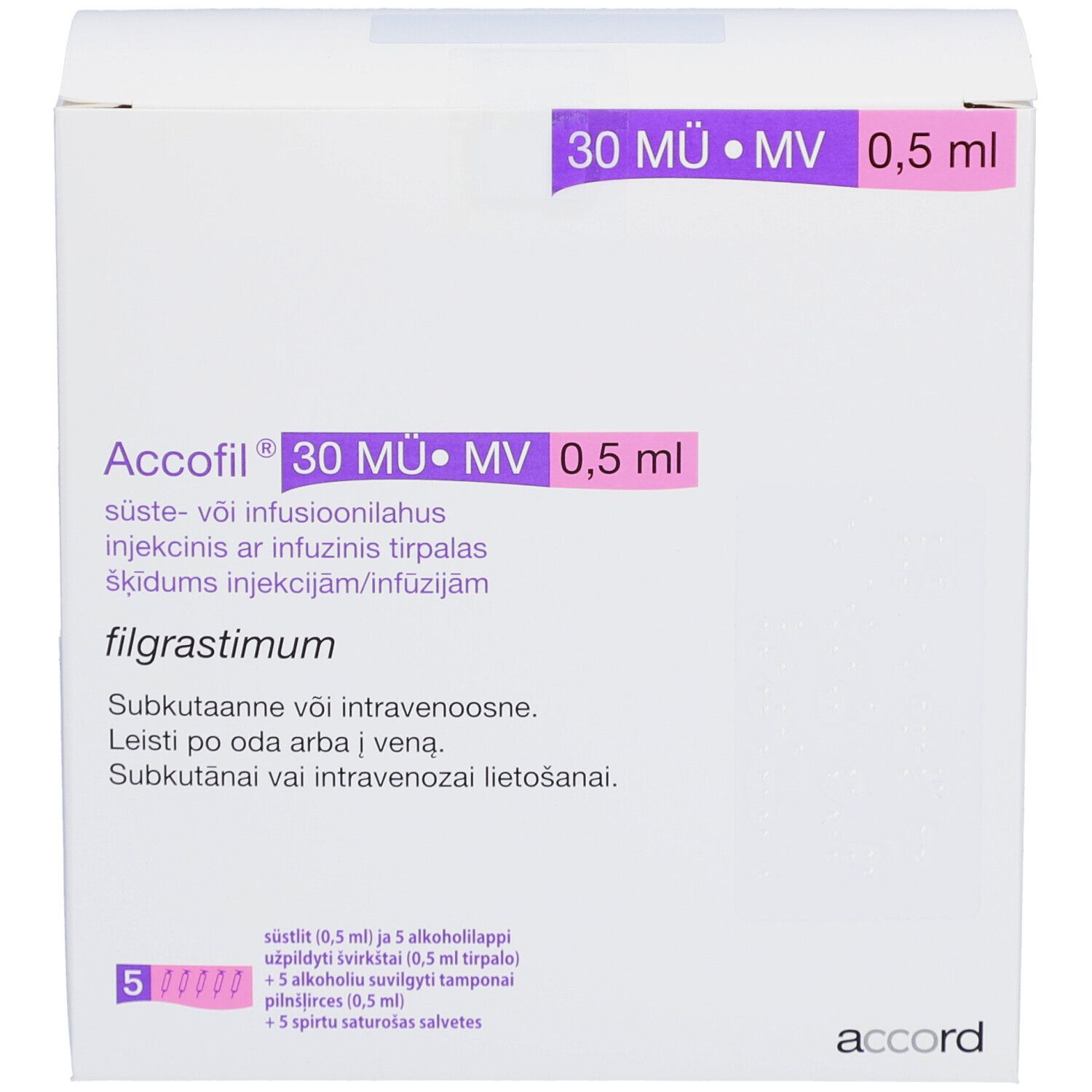 Schachtel ACCOFIL Accord 30 Mio.E./0,5 ml Injektionslösung. Enthält 5 Fertigspritzen und Zubehör.