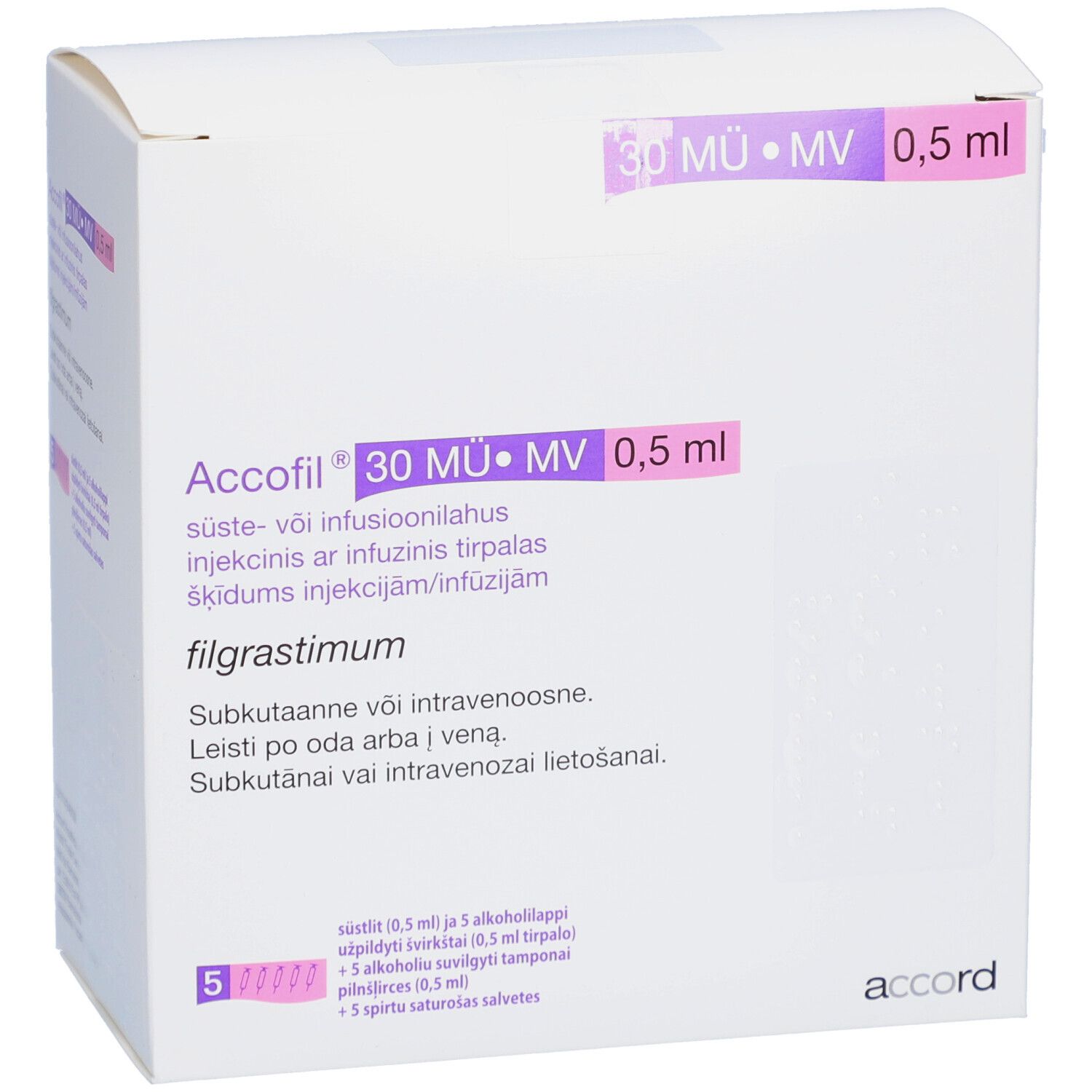Verpackung ACCOFIL Accord 30 Mio.E./0,5 ml Injektionslösung. Enthält 5 Fertigspritzen und Zubehör.