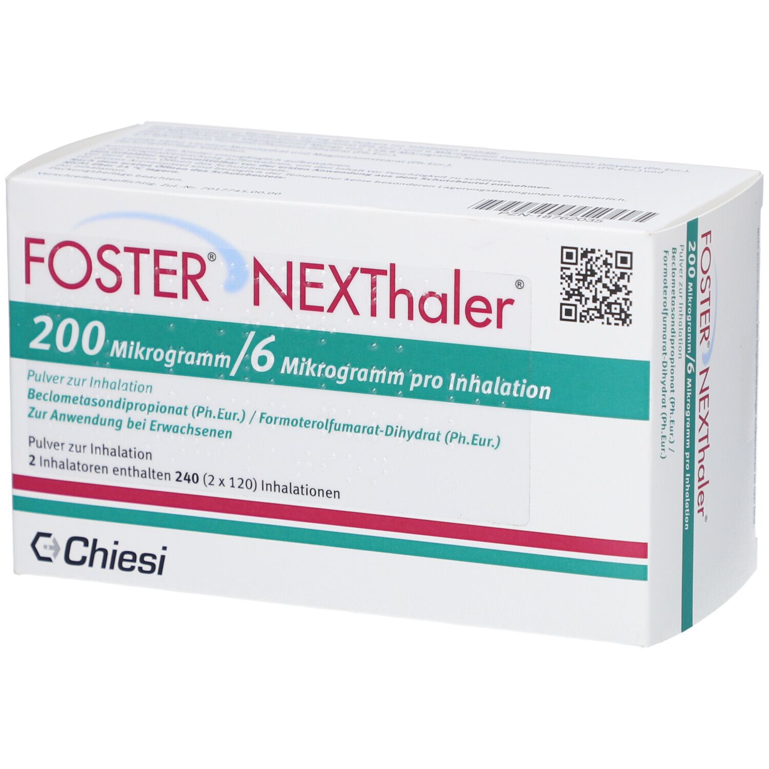 Weiße Schachtel mit FOSTER NEXThaler-Logo und Produktinformationen. Enthält 2 Inhalatoren mit 120 Inhalationen. QR-Code und Chiesi-Logo.