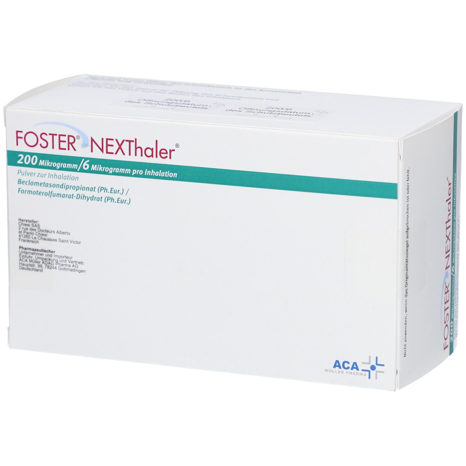 Weiße Schachtel mit FOSTER NEXThaler-Logo und Produktinformationen. ACA-Logo. Chiesi-Logo.