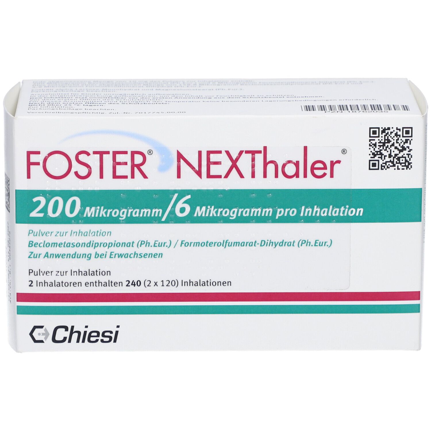 Weiße Schachtel mit FOSTER NEXThaler-Logo und Produktinformationen. Enthält 2 Inhalatoren mit 120 Inhalationen. Chiesi-Logo.