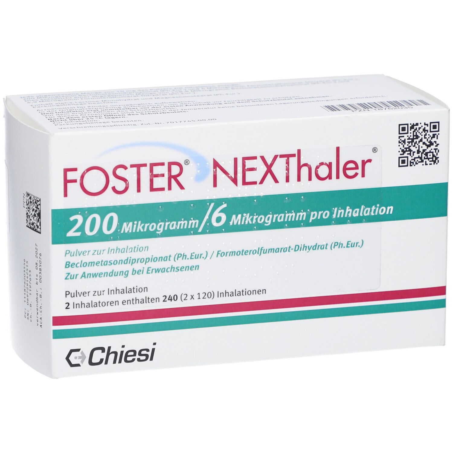 Weiße Schachtel mit FOSTER NEXThaler-Logo und Produktinformationen. Enthält 2 Inhalatoren mit 120 Inhalationen. Chiesi-Logo.
