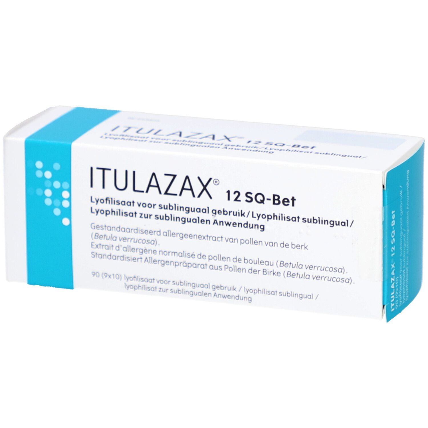 Weiße Schachtel mit blauem Akzent. Aufschrift: ITULAZAX 12 SQ-Bet. Text in mehreren Sprachen. Allergiepräparat.