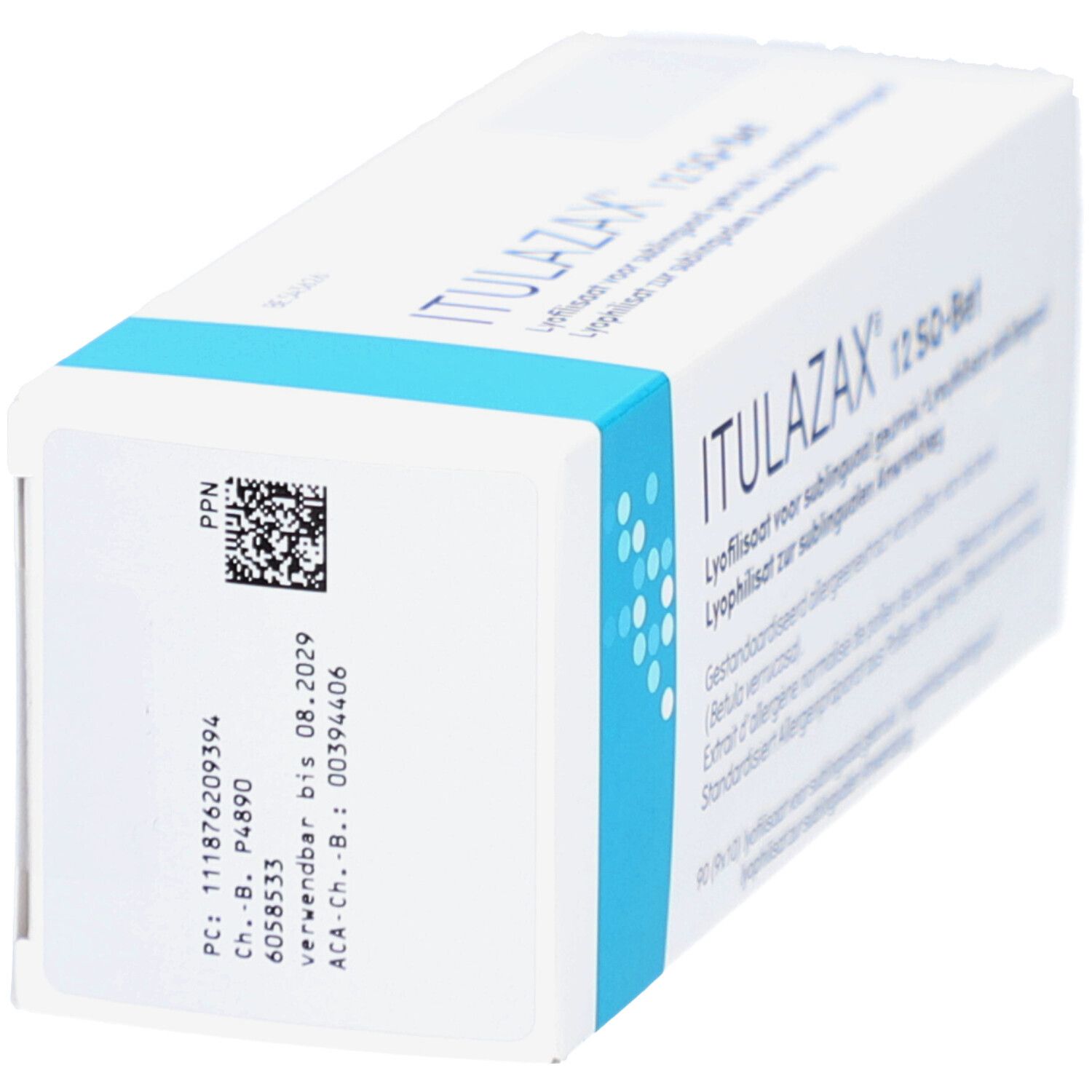 Schachtel von ITULAZAX 12 SQ-Bet. Auf der Seite Barcode und weitere Informationen. Weiß mit blauem Akzent.