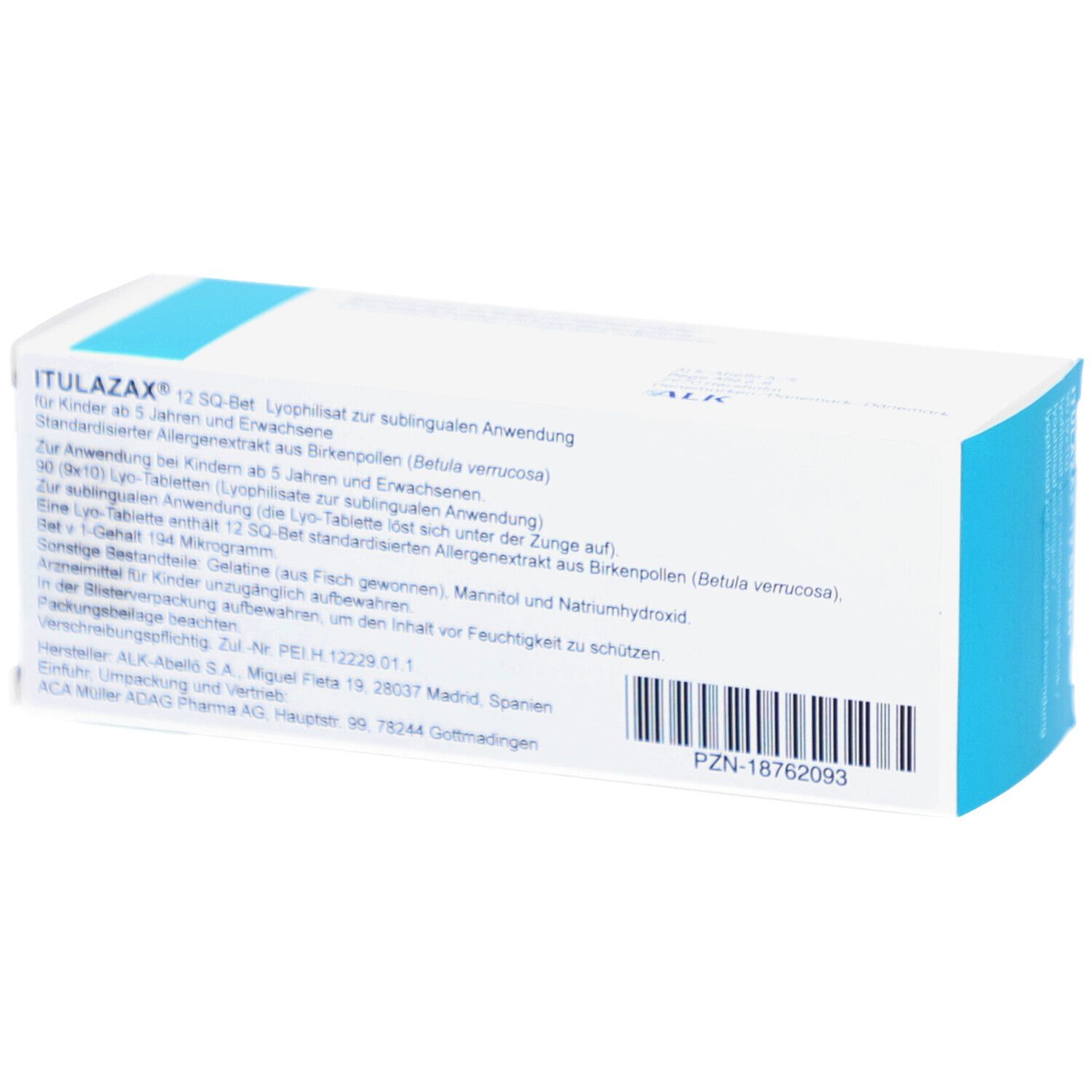 Rückseite der Schachtel von ITULAZAX 12 SQ-Bet. Text in mehreren Sprachen. Weiß mit blauem Akzent.