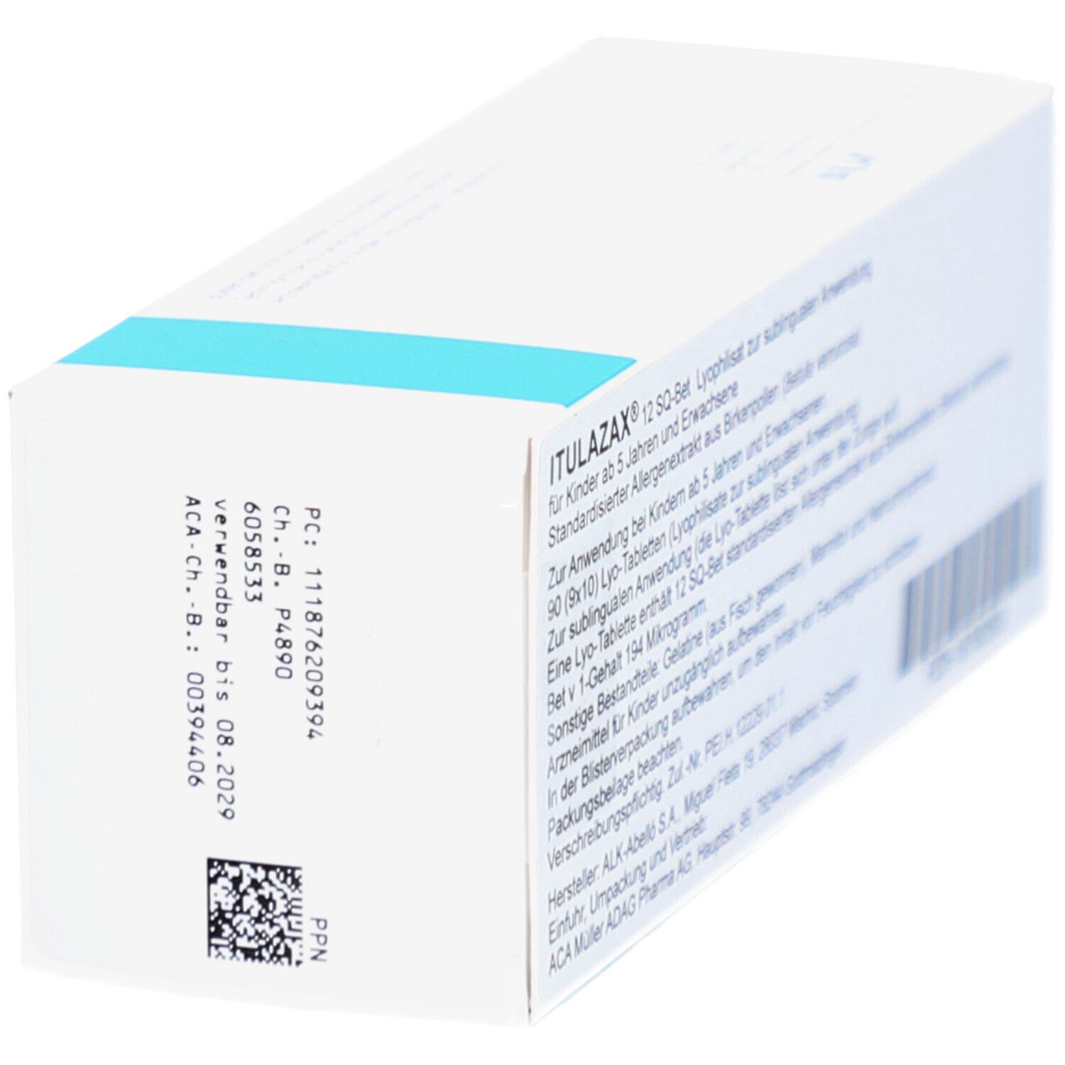 Schachtel von ITULAZAX 12 SQ-Bet. Auf der Seite Barcode und weitere Informationen. Weiß mit blauem Akzent.