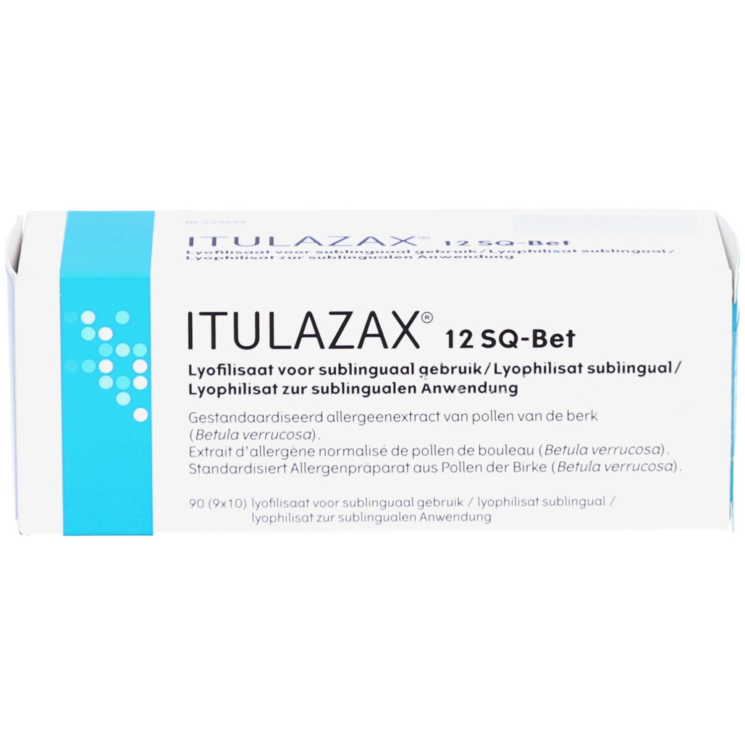 Weiße Schachtel mit blauem Akzent. Aufschrift: ITULAZAX 12 SQ-Bet. Text in mehreren Sprachen. Allergiepräparat.