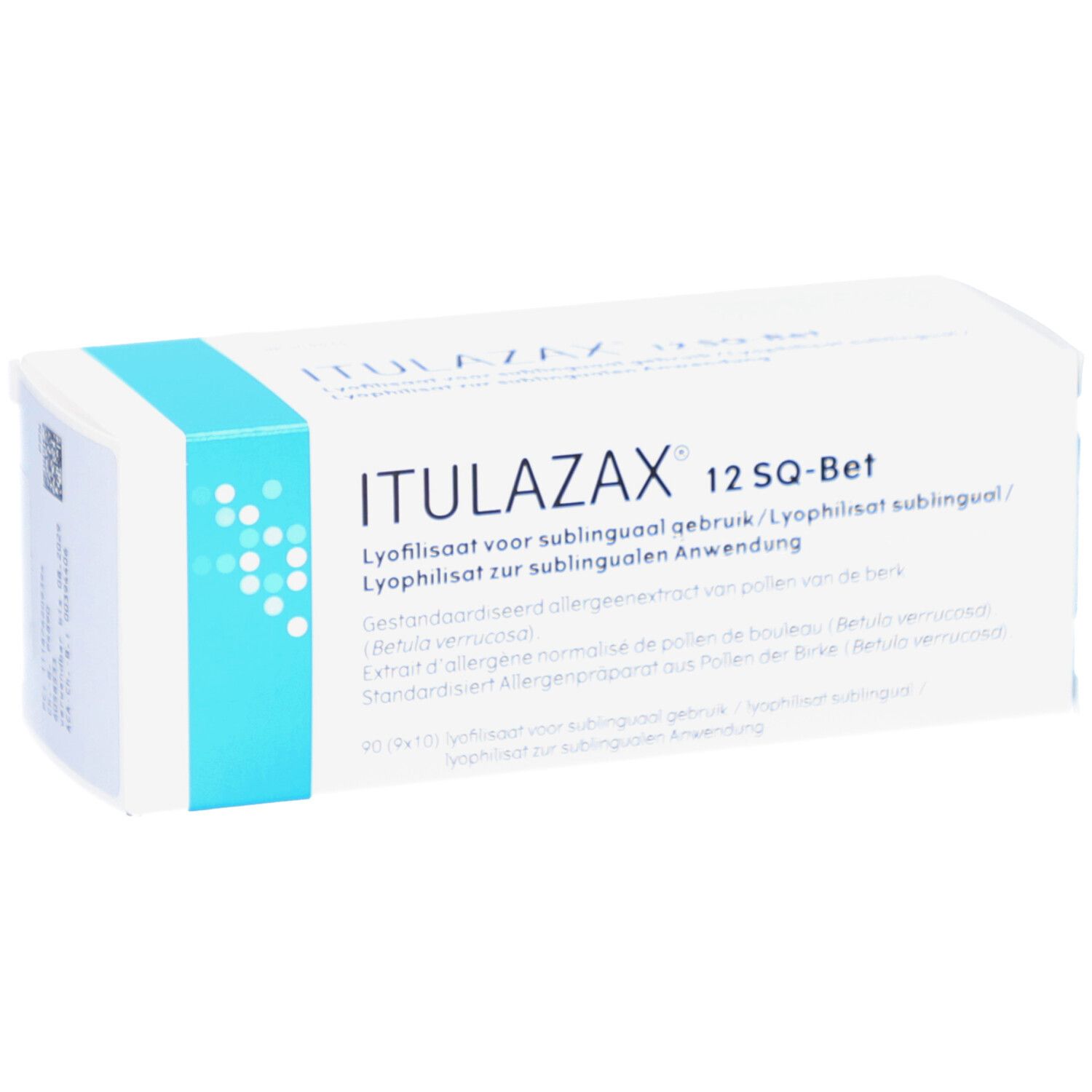 Weiße Schachtel mit blauem Akzent. Aufschrift: ITULAZAX 12 SQ-Bet. Text in mehreren Sprachen. Allergiepräparat.