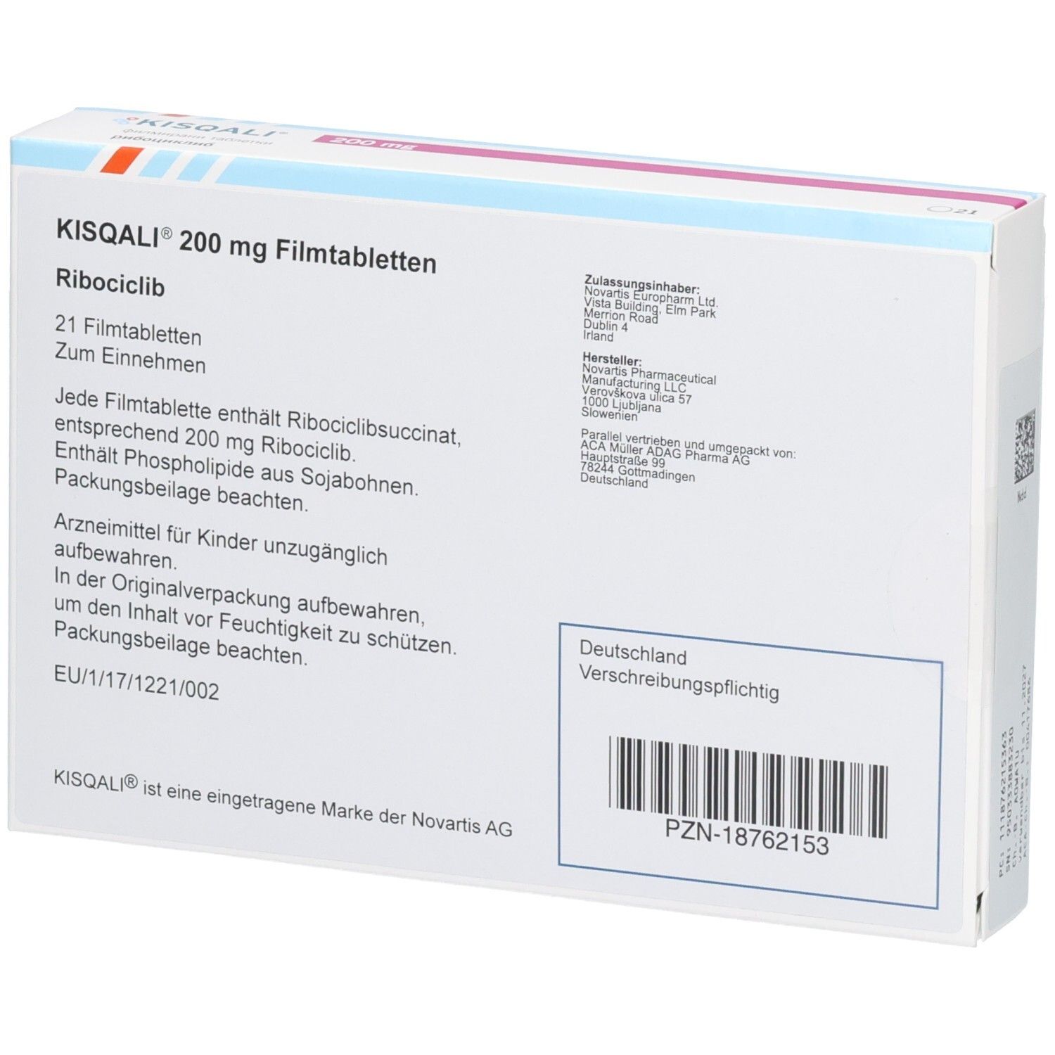 Rückseite der KISQALI 200 mg Filmtabletten Verpackung mit Dosierung und Herstellerinformationen.
