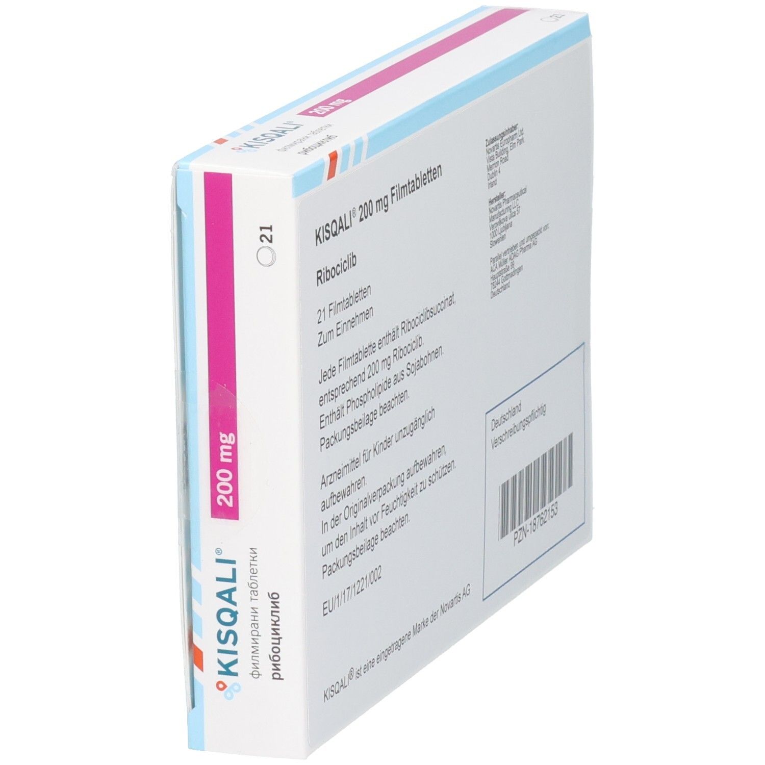 KISQALI 200 mg Filmtabletten Verpackung, seitliche Ansicht mit Novartis Logo.