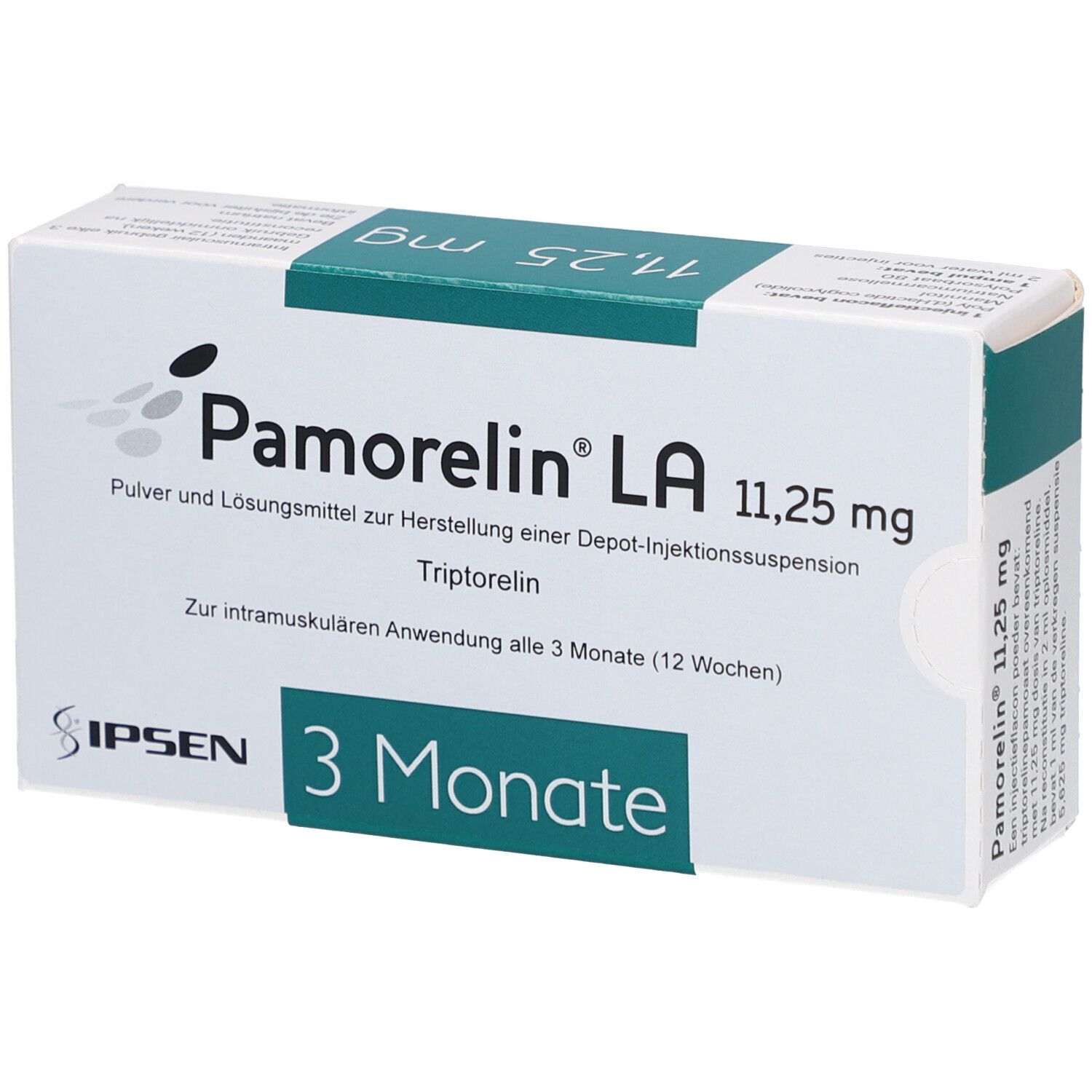 Weiße Produktverpackung mit blauer Schrift. Aufschrift: Pamorelin LA 11,25 mg. Depot-Injektionssuspension. 3 Monate.