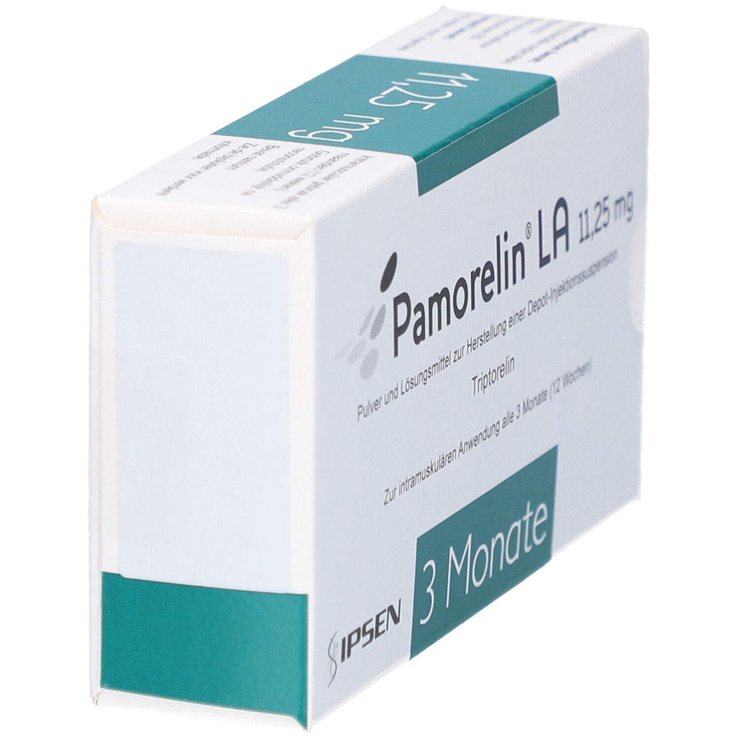 Weiße Produktverpackung mit blauer Schrift. Aufschrift: Pamorelin LA 11,25 mg. Depot-Injektionssuspension. 3 Monate.
