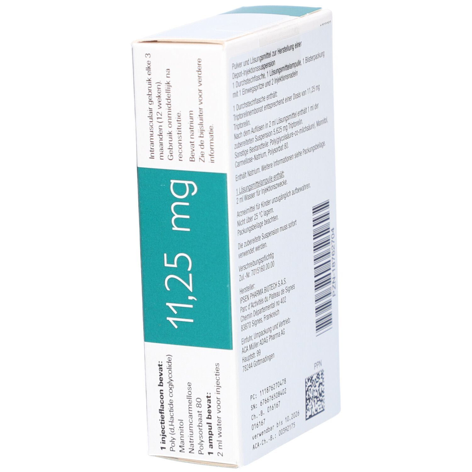 Produktverpackung mit Informationen zu Inhaltsstoffen und Anwendung. Aufschrift: 11,25 mg, IPSEN.