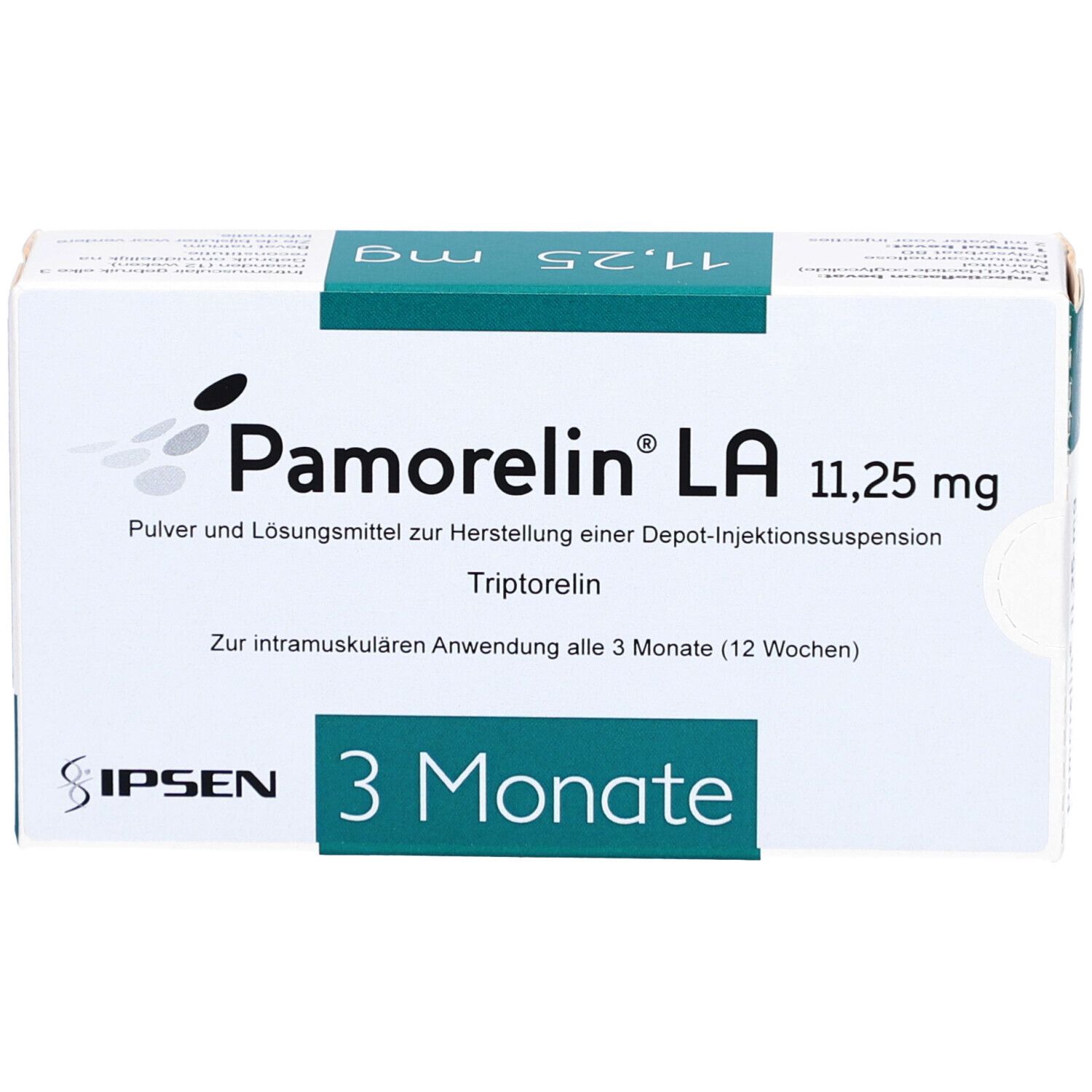 Weiße Produktverpackung mit blauer Schrift. Aufschrift: Pamorelin LA 11,25 mg. Depot-Injektionssuspension. 3 Monate.