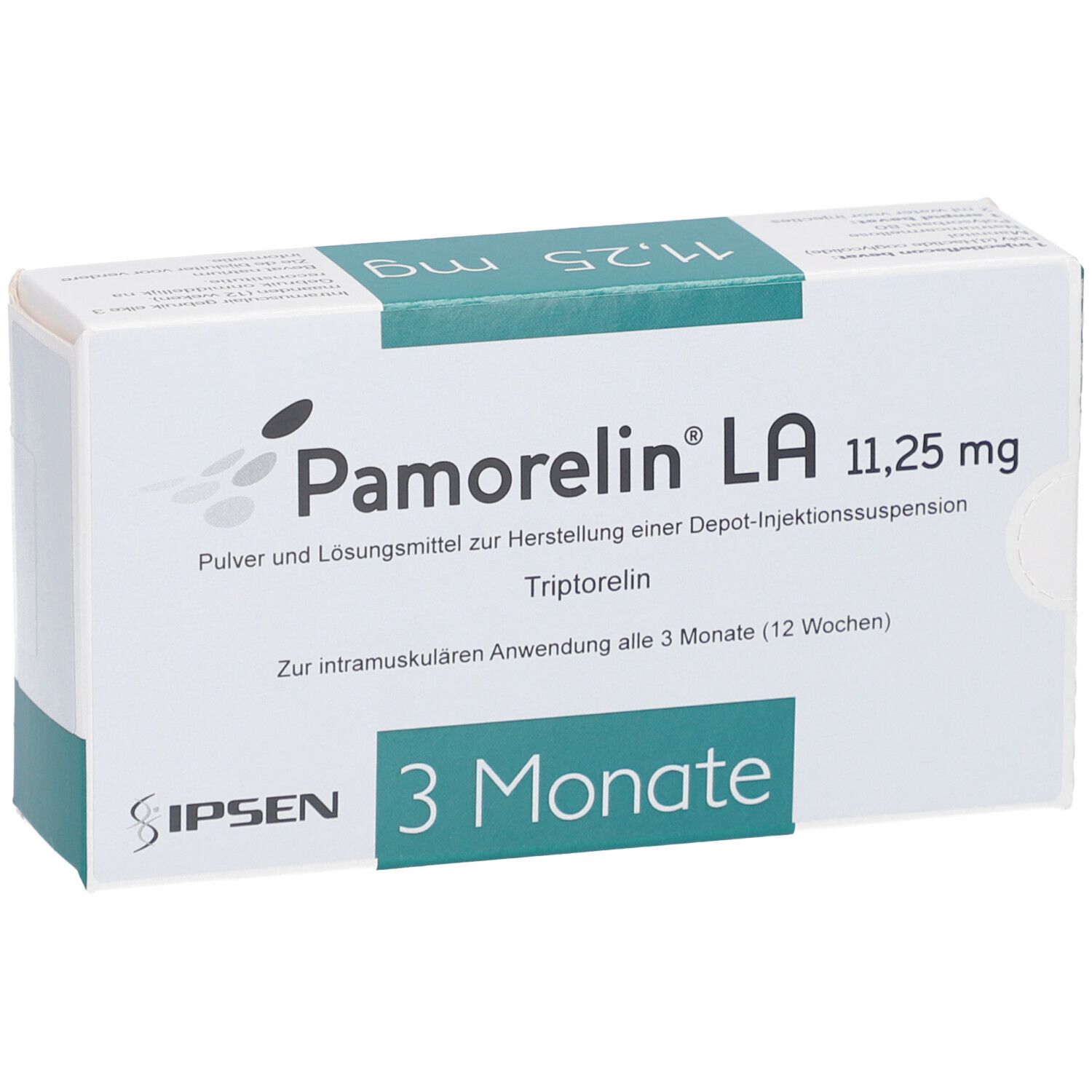 Weiße Produktverpackung mit blauer Schrift. Aufschrift: Pamorelin LA 11,25 mg. Depot-Injektionssuspension. 3 Monate.