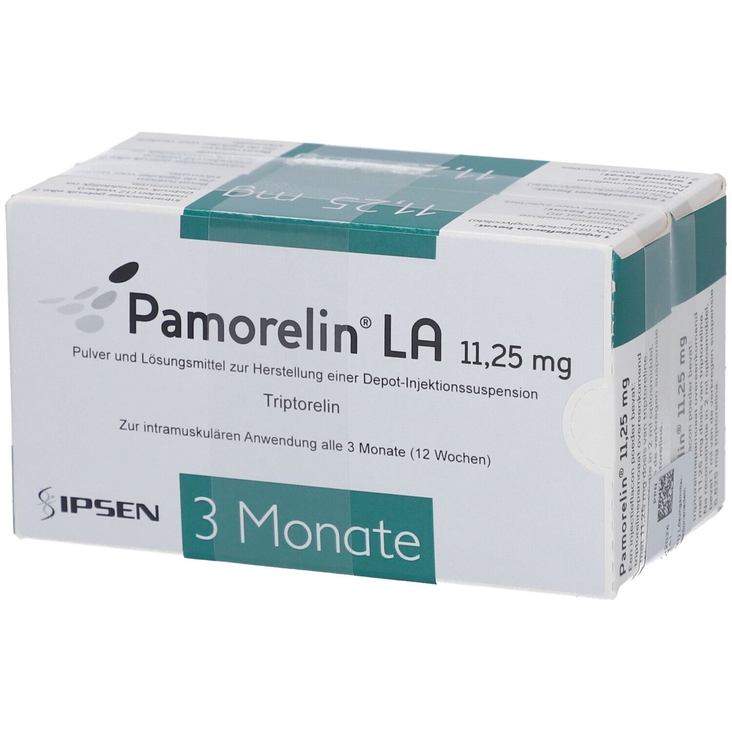 Karton mit Produktaufdruck. Schriftzug: Pamorelin LA 11,25 mg. Depot-Injektionssuspension. 3 Monate.