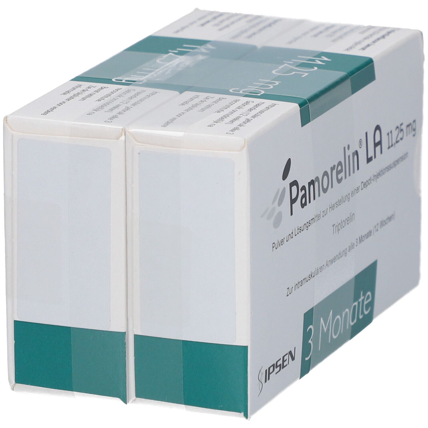 Zwei Kartons mit Produktaufdruck. Schriftzug: Pamorelin LA 11,25 mg. Depot-Injektionssuspension. 3 Monate.