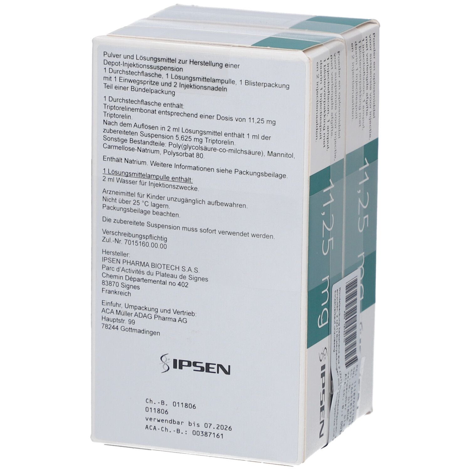 Rückseite von zwei Kartons. Produktinformationen und Herstellerangaben. Schriftzug: 11,25 mg.