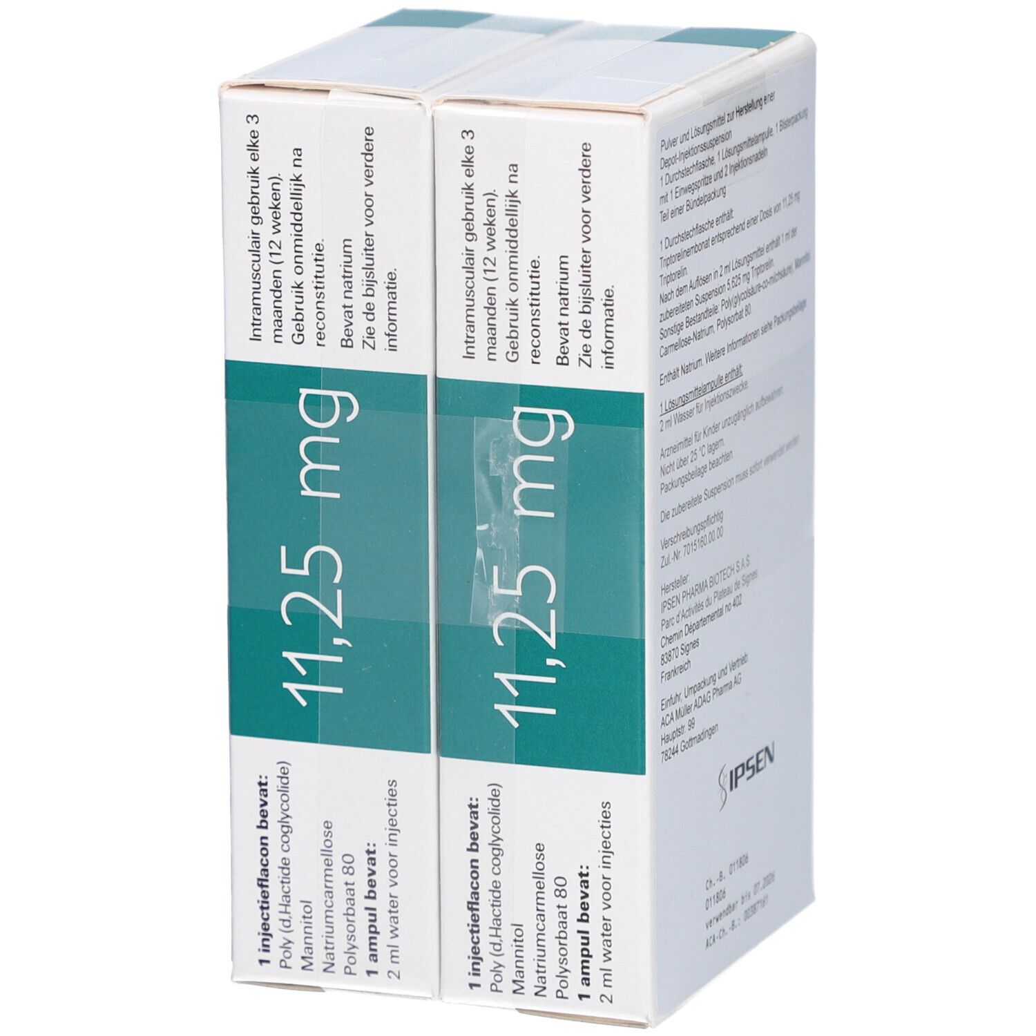 Zwei Kartons mit Produktinformationen. Schriftzug: 11,25 mg. Für intramuskulären Gebrauch.