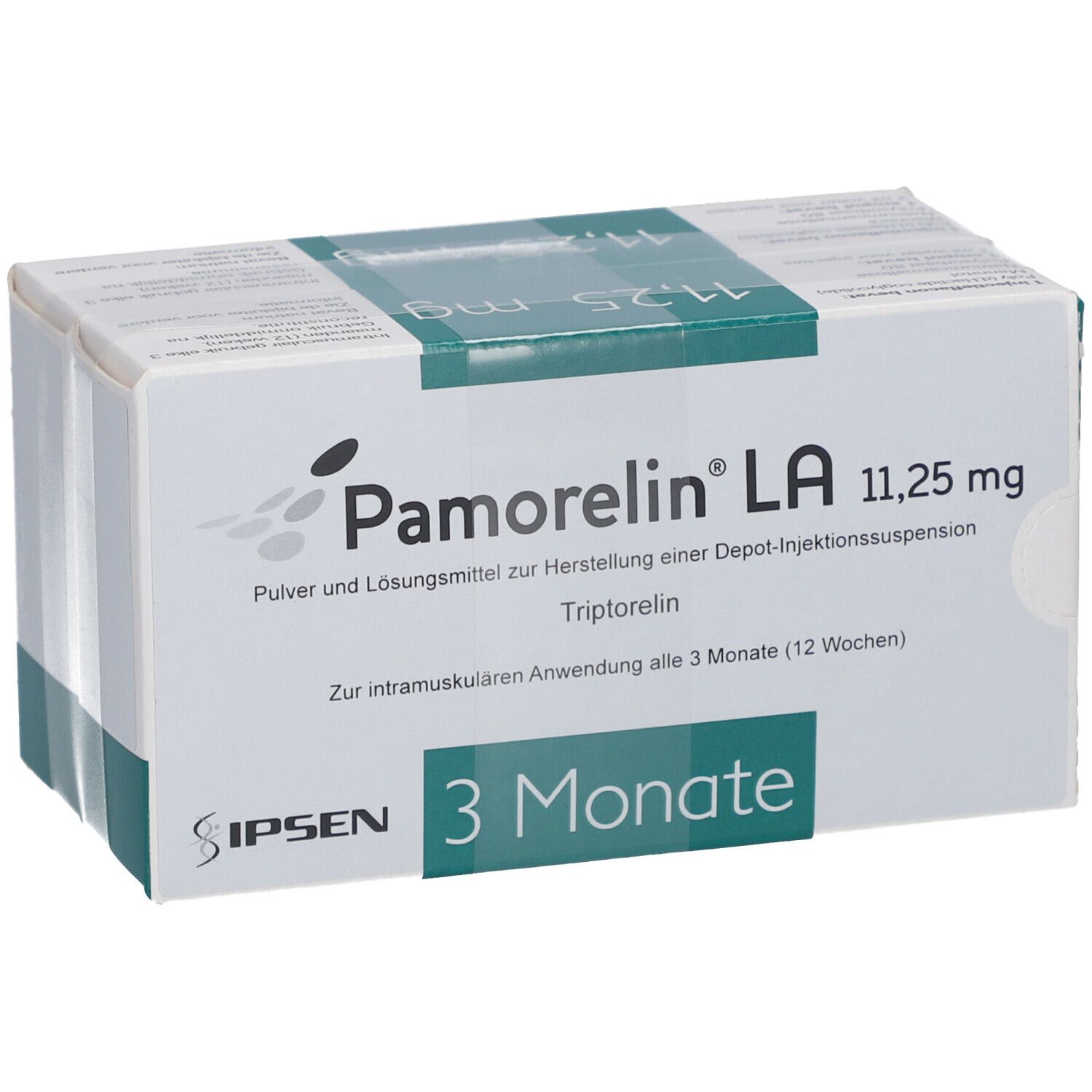 Karton mit Produktaufdruck. Schriftzug: Pamorelin LA 11,25 mg. Depot-Injektionssuspension. 3 Monate.