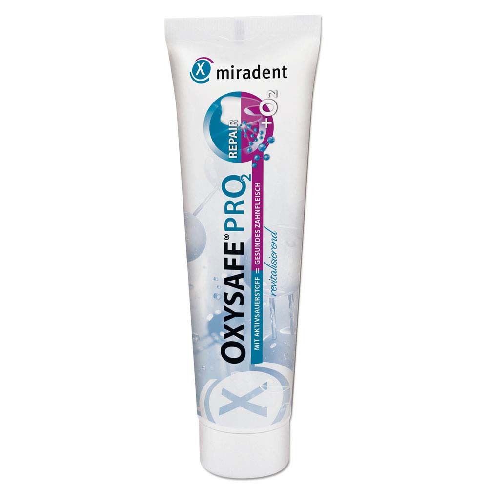 Zahnpasta-Tube miradent OXYSAFE® PRO². Weiß, blau und rosa. Mit Schriftzug und Logo.