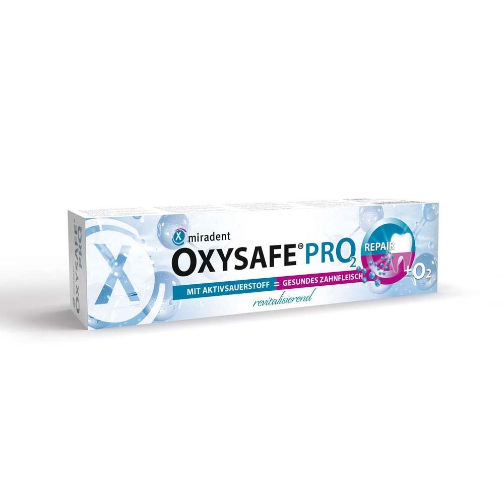 Verpackung von miradent OXYSAFE® PRO² Zahncreme. Weiß mit blauen und rosa Elementen. Text und Logo.