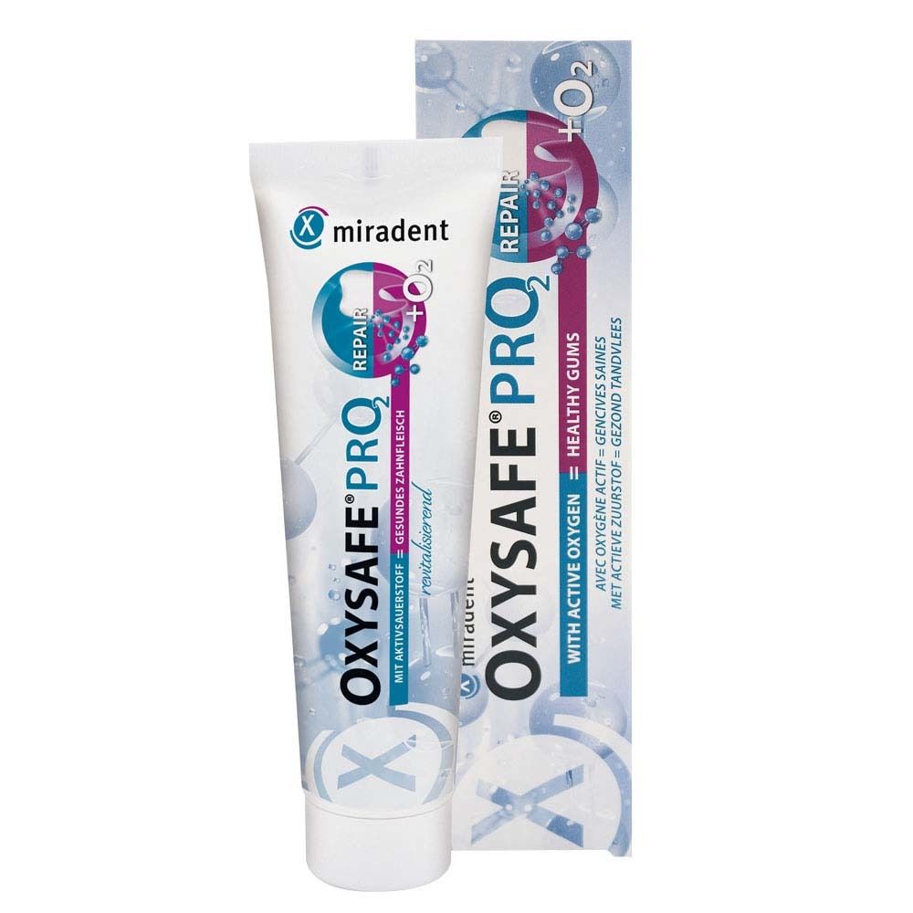 Tube und Verpackung miradent OXYSAFE® PRO². Tube und Karton mit blauem und rosa Design.