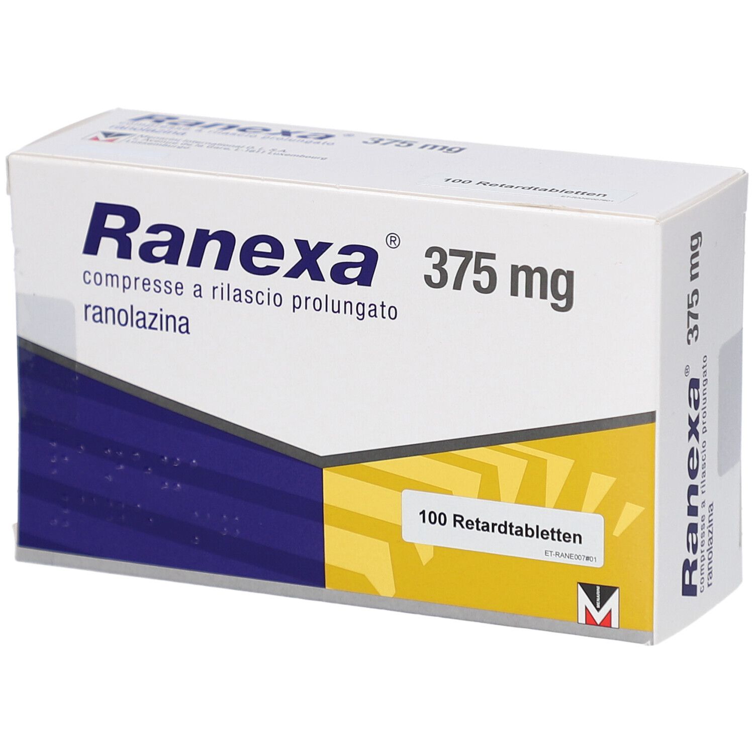 Schachtel mit RANEXA 375 mg Retardtabletten. Aufschrift: Ranexa, 375 mg, 100 Retardtabletten. Gelb-blaue Designelemente.
