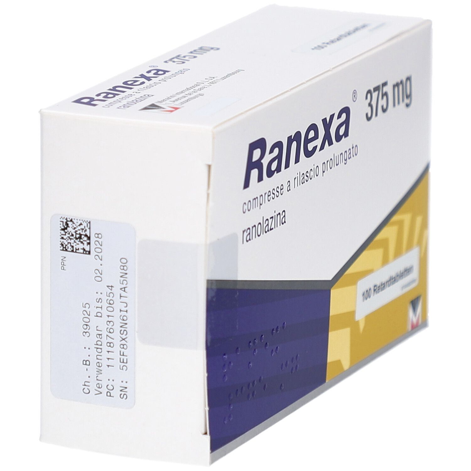 Schachtel mit RANEXA 375 mg. Aufdruck: Ranexa, 375 mg, 100 Retardtabletten. Barcode und Chargennummer. Weiße Verpackung.