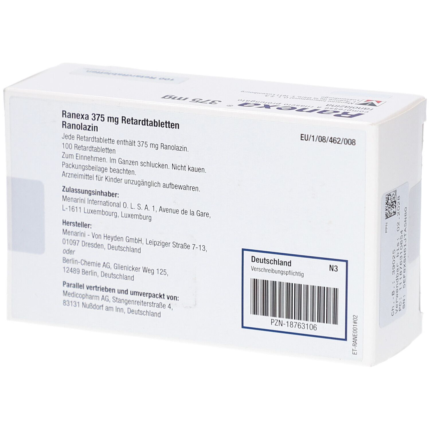 Rückseite der Schachtel mit RANEXA 375 mg Retardtabletten. Textinformationen, Barcode, Herstellerangaben. Weiße Verpackung.