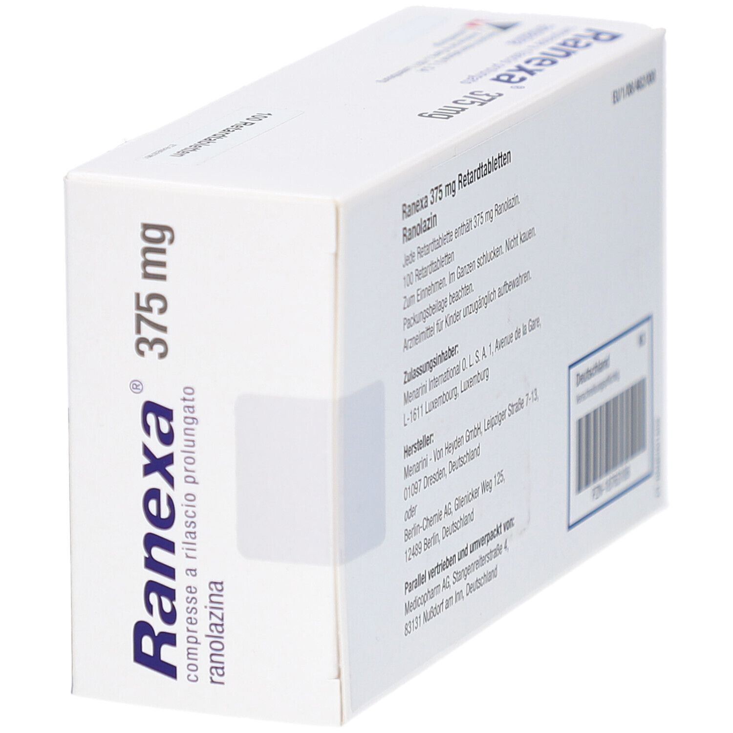 Schachtel mit RANEXA 375 mg Retardtabletten. Aufschrift: Ranexa, 375 mg, 100 Retardtabletten. Weiße Verpackung mit blauen und gelben Elementen.