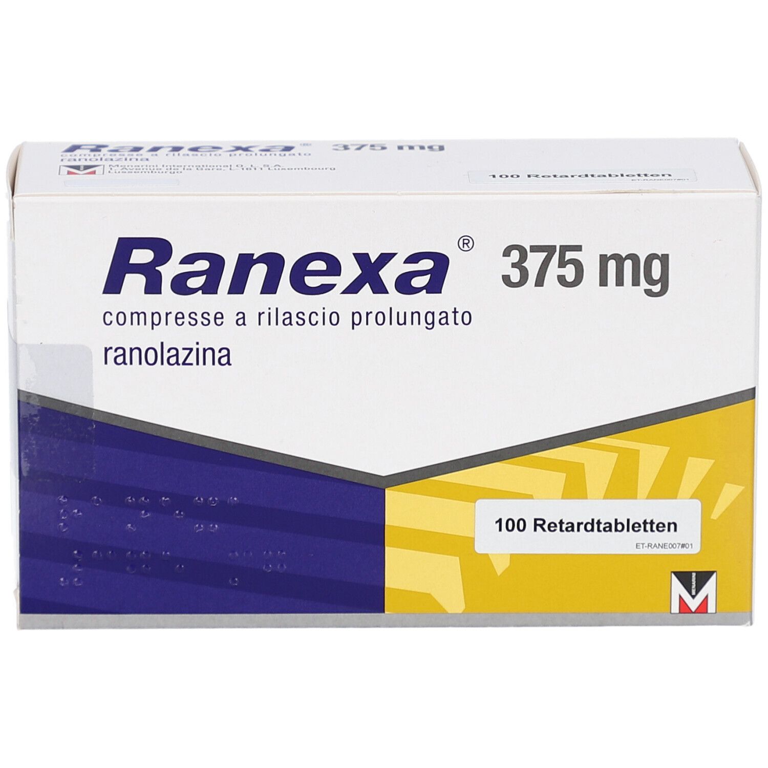 Schachtel mit RANEXA 375 mg Retardtabletten. Aufschrift: Ranexa, 375 mg, 100 Retardtabletten. Weiße Verpackung mit blauen und gelben Elementen.