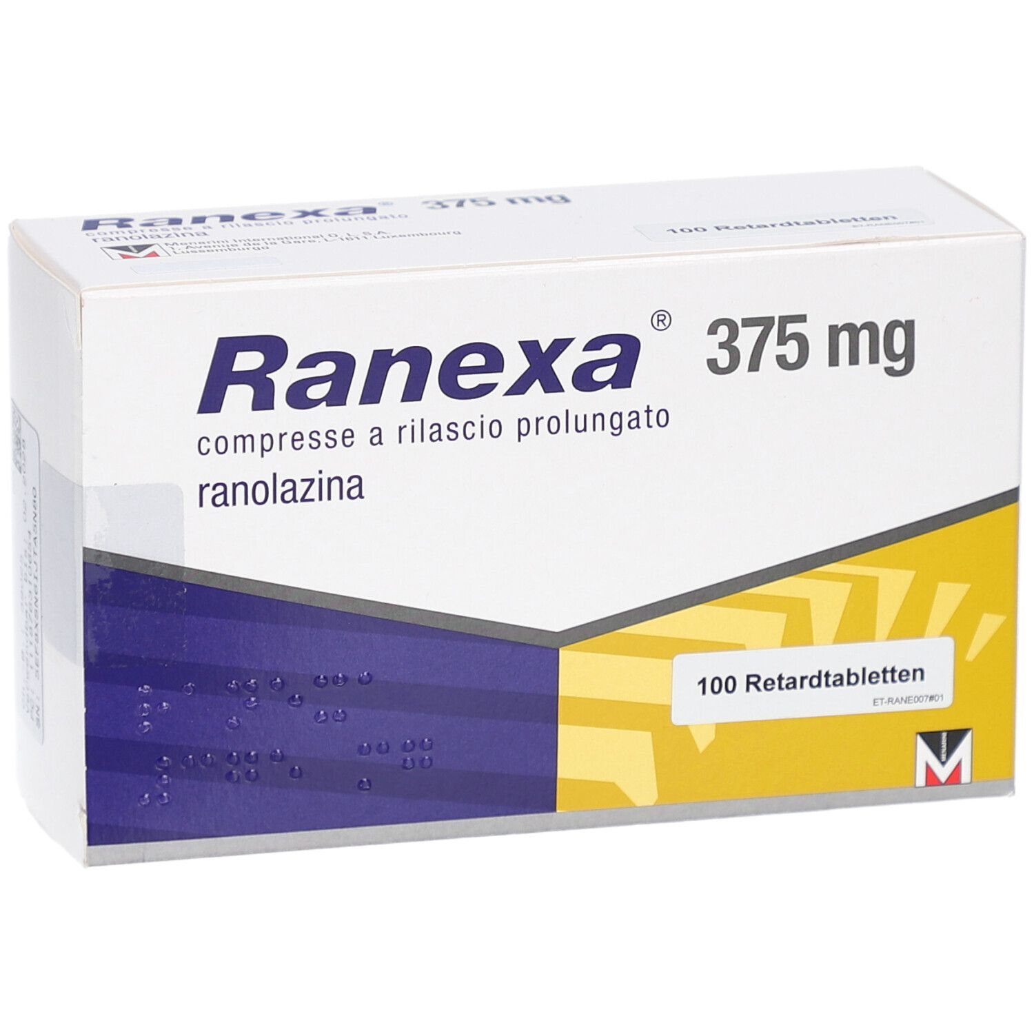 Schachtel mit RANEXA 375 mg Retardtabletten. Aufschrift: Ranexa, 375 mg, 100 Retardtabletten. Weiße Verpackung mit blauen und gelben Elementen.